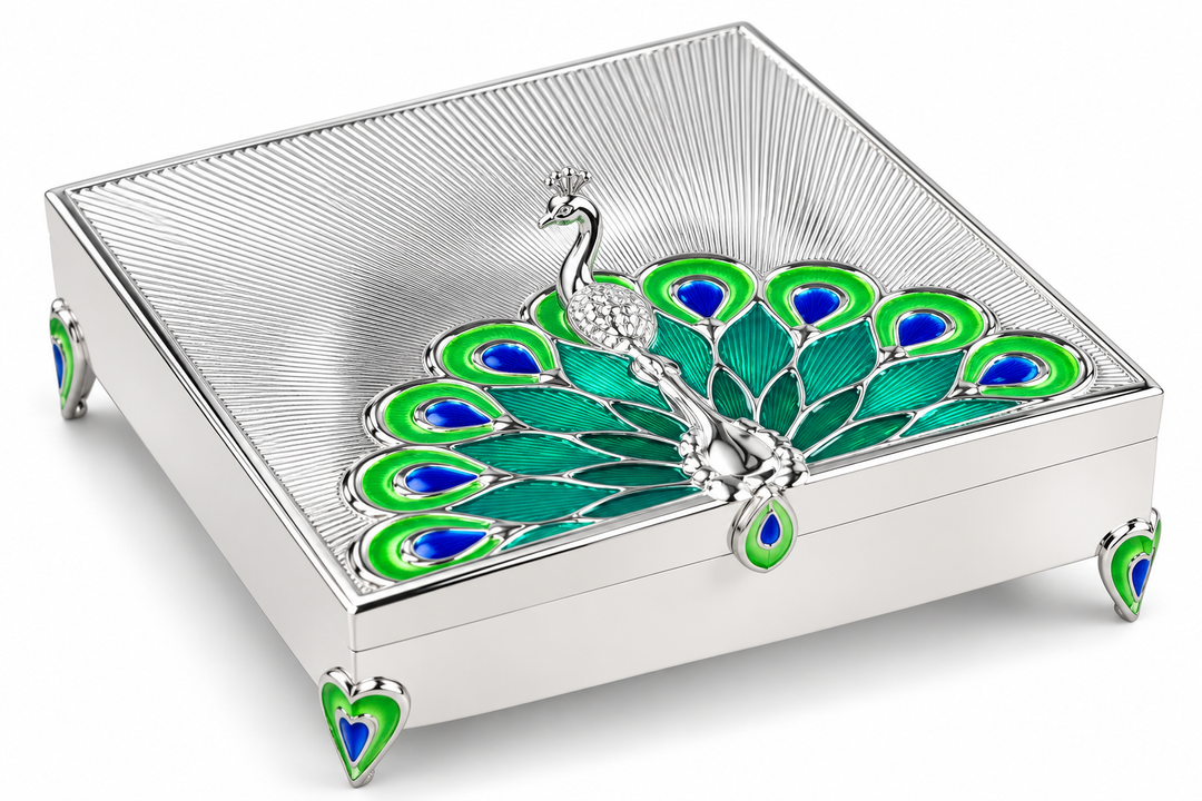 SQUARE PEACOCK BOX SILVER