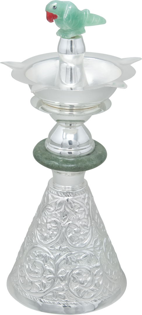 Silver diya stand with parrot