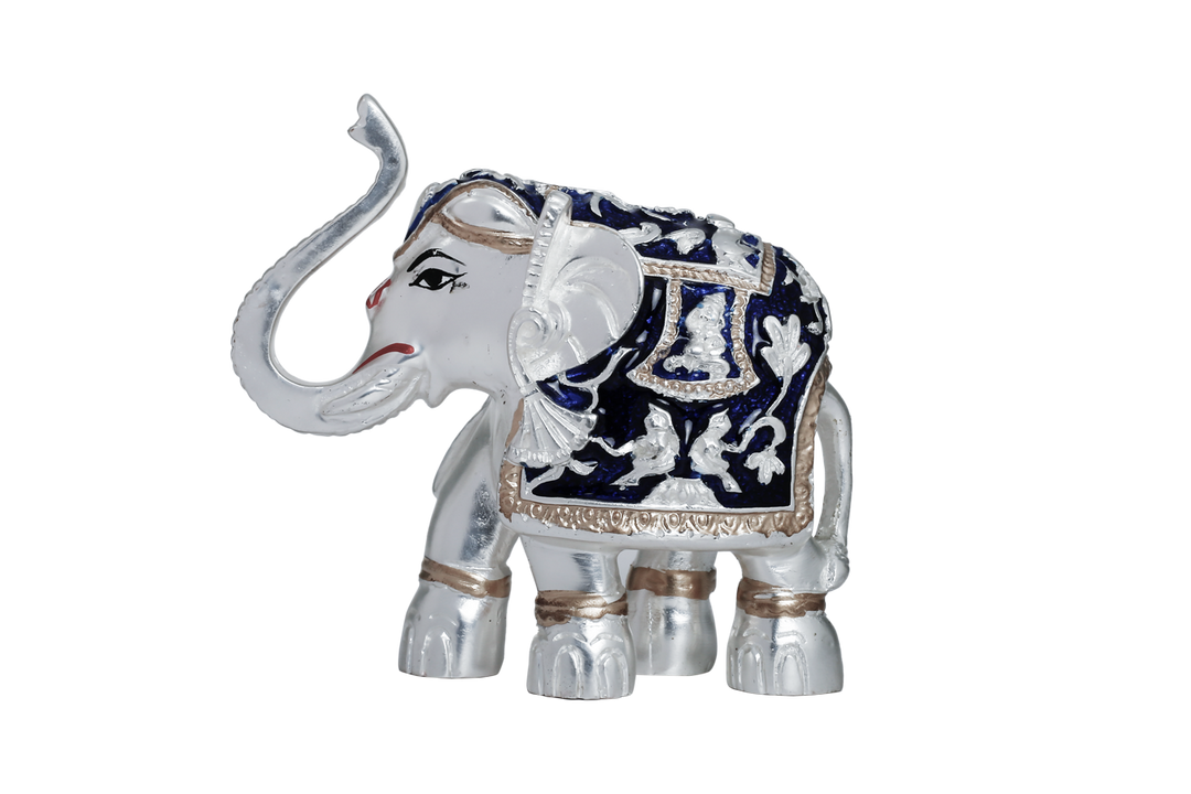 Silver elephant with blue drape