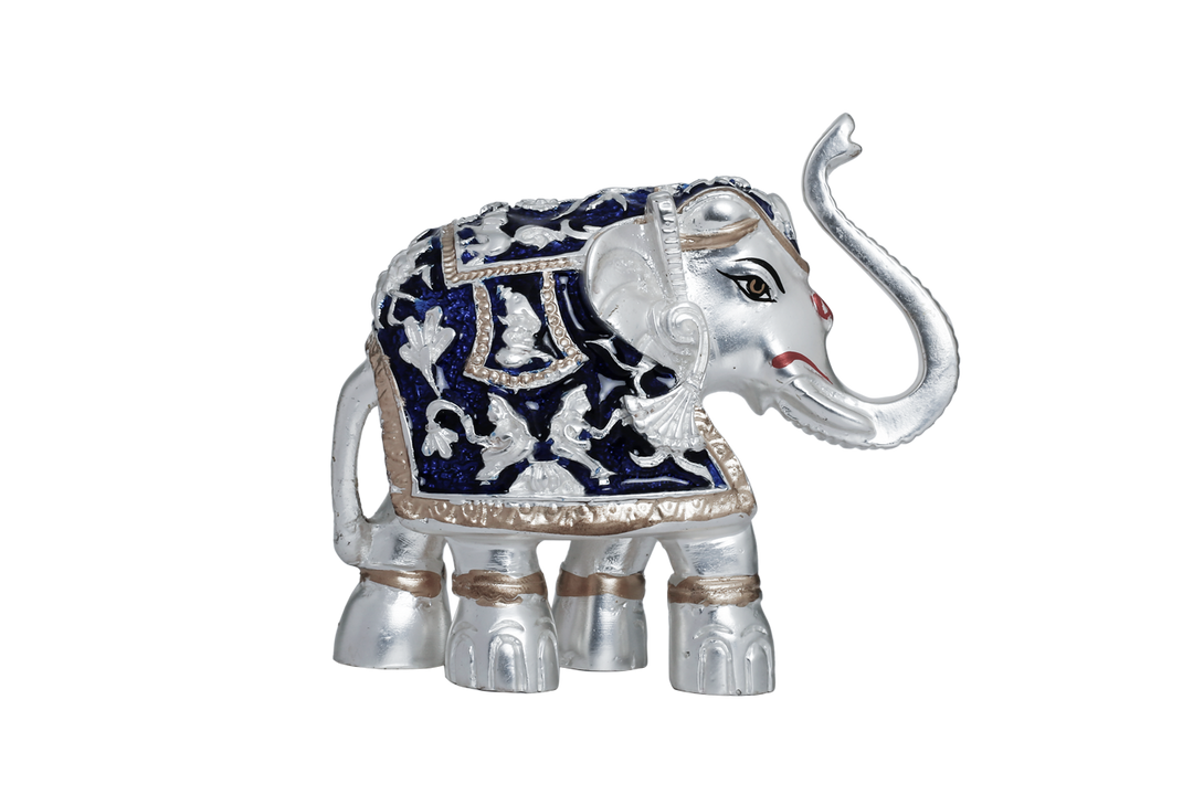 Silver elephant with blue drape