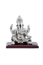 Load image into Gallery viewer, Silver Ganesh ji sitting on wooden stand
