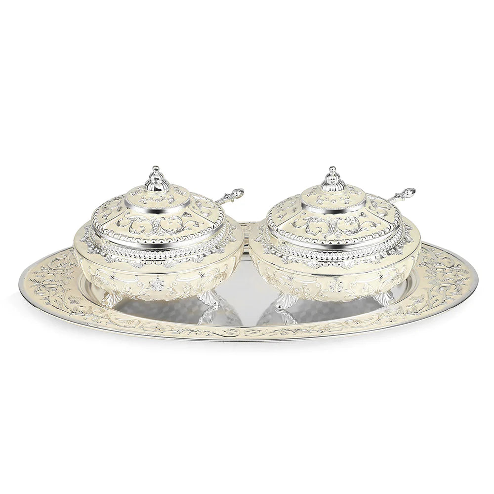 Oval MOP Tray Medium+ 2 Sugarpots - White