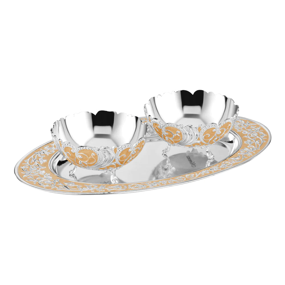 Oval MOP Tray Medium With Set Of 2 Pastel Bowls - White