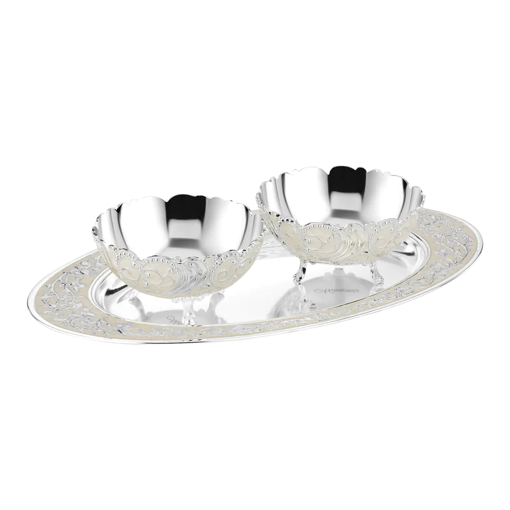 Oval MOP Tray Medium With Set Of 2 Pastel Bowls - White